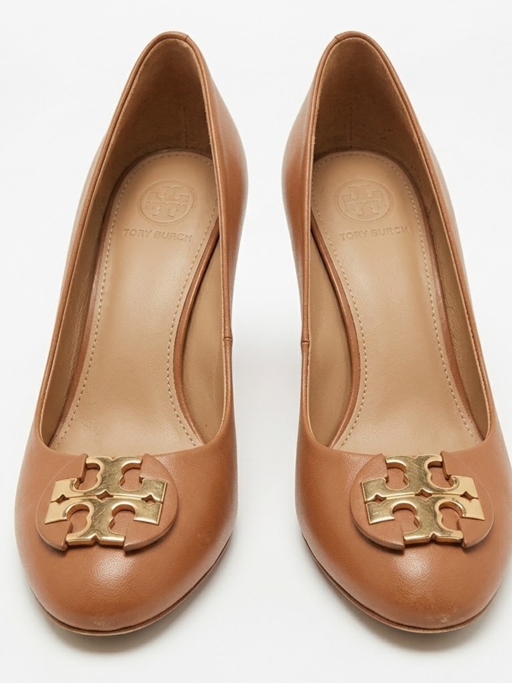 Tory Burch Tan Leather Wedge with Gold Logo